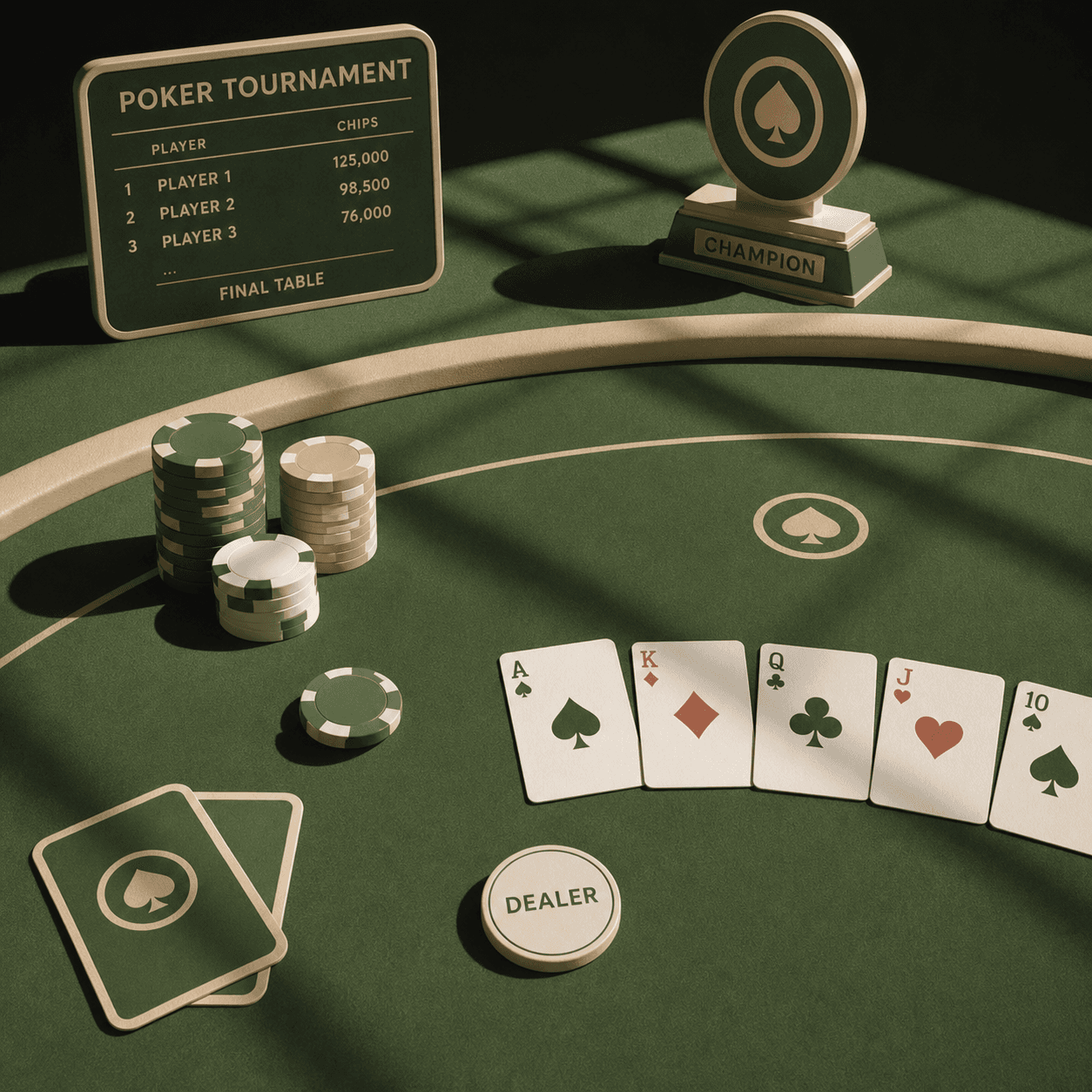 Poker cards, chips, and a tournament trophy on a green table